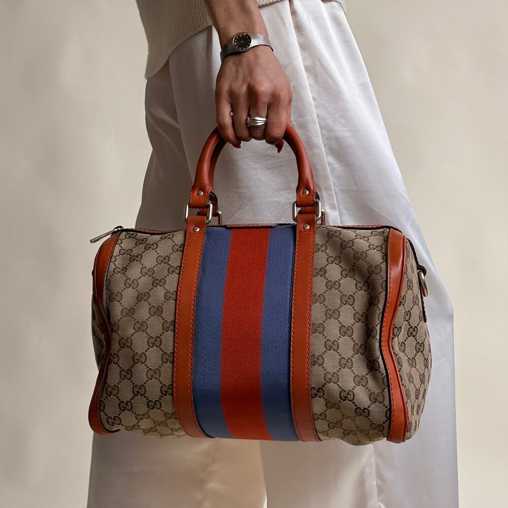Gucci Web Monogram Boston Bag - Beige GG Canvas, Orange & Blue Web Stripe